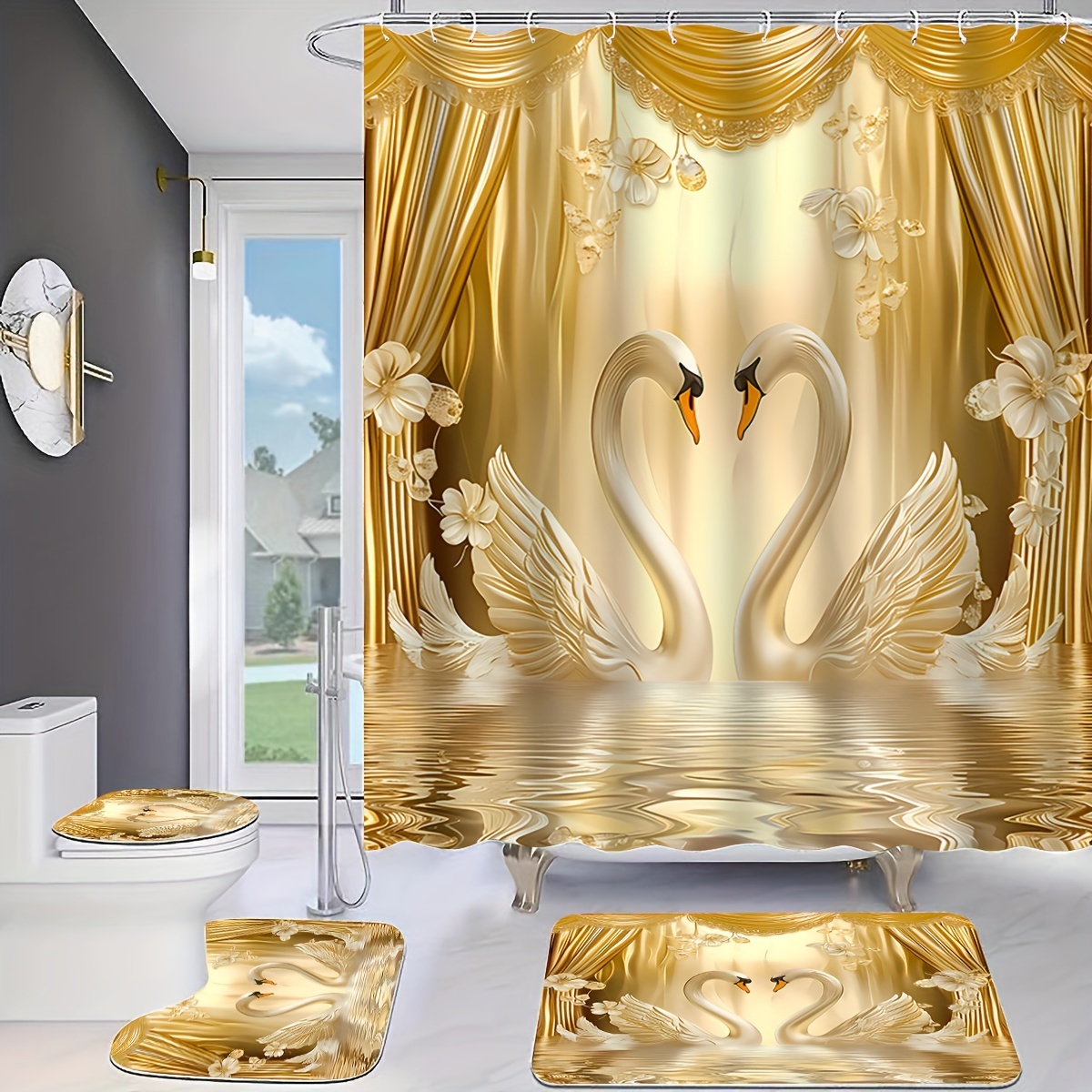 Bamboo Bath Mat - Romantic Golden Swans Bathroom Set: Includes