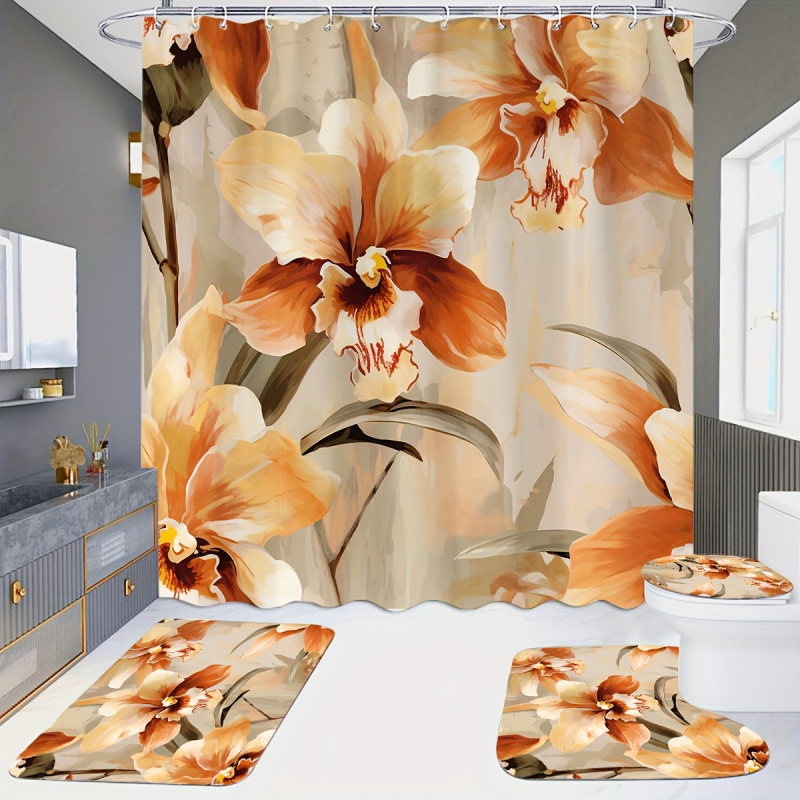 Bamboo Bath Mat - Vintage Orange Floral Water-Resistant Shower Curtain